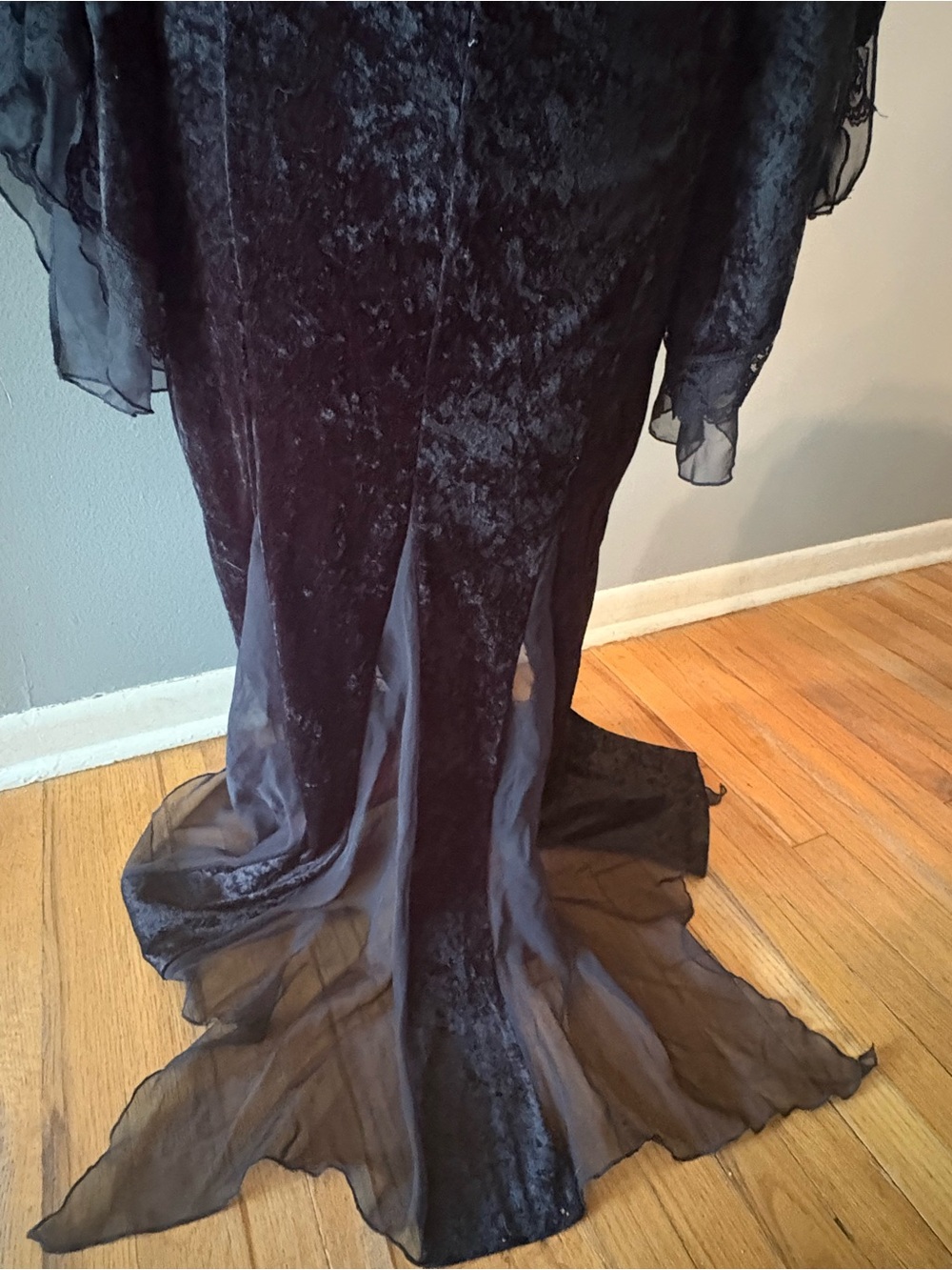 Vintage Y2K 90s Lip Service Black Velvet Lace and Sheer Bell Sleeve Maxi Dress - Picture 6 of 11